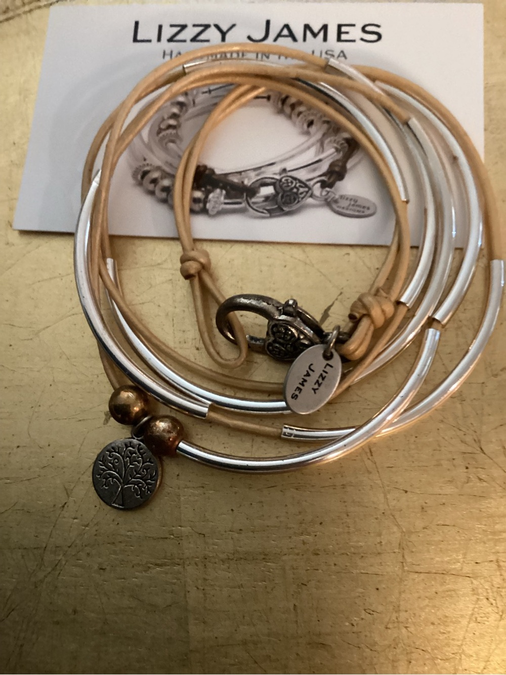 Lizzy James Silver and Gold Metallic Cord Layered Bangle Bracelet with Charms